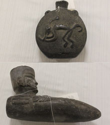  Above top: Inka-Chimú vase, circa 1100-1500 CE.  Bottom: A ceremonial paqcha. Designed to look like a digging tool, this artifact was likely filled with maize beer, poured out during a ceremony to inspire fertility or prosperity. Through her research, Wagener sees this artifact as an example of cultural blending, an Inkan ceremonial object crafted in  the Chimú artistic tradition.