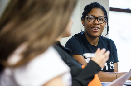 Students participating in a classroom discussion.