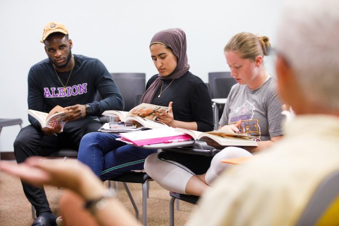 Group of Albion College students participating in a discussion