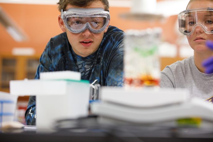 Two students observing test tubes while wearing protective goggles.