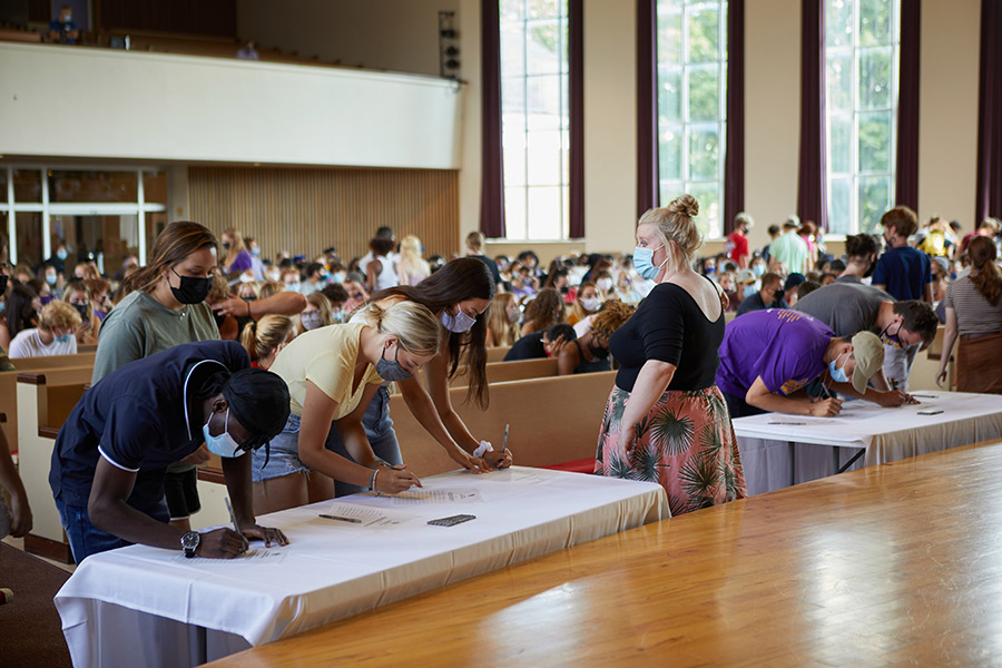 Albion College students in Goodrich Chapel, August 2021.