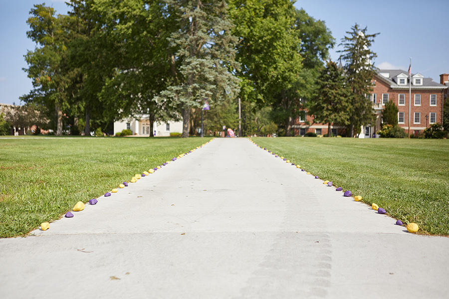 Student-painted rocks along a Quad walkway, August 2021.