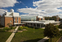 Aerial photo of a large brick academic building on Albion College's campus.