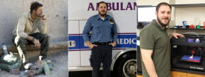 Three photos side-by-side of a man. On the left he is crouched, wearing a military uniform. The middle picture is of him next to an ambulance. On the right he is standing next to a machine.