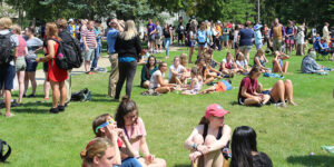 People on the quad watching the eclipse.