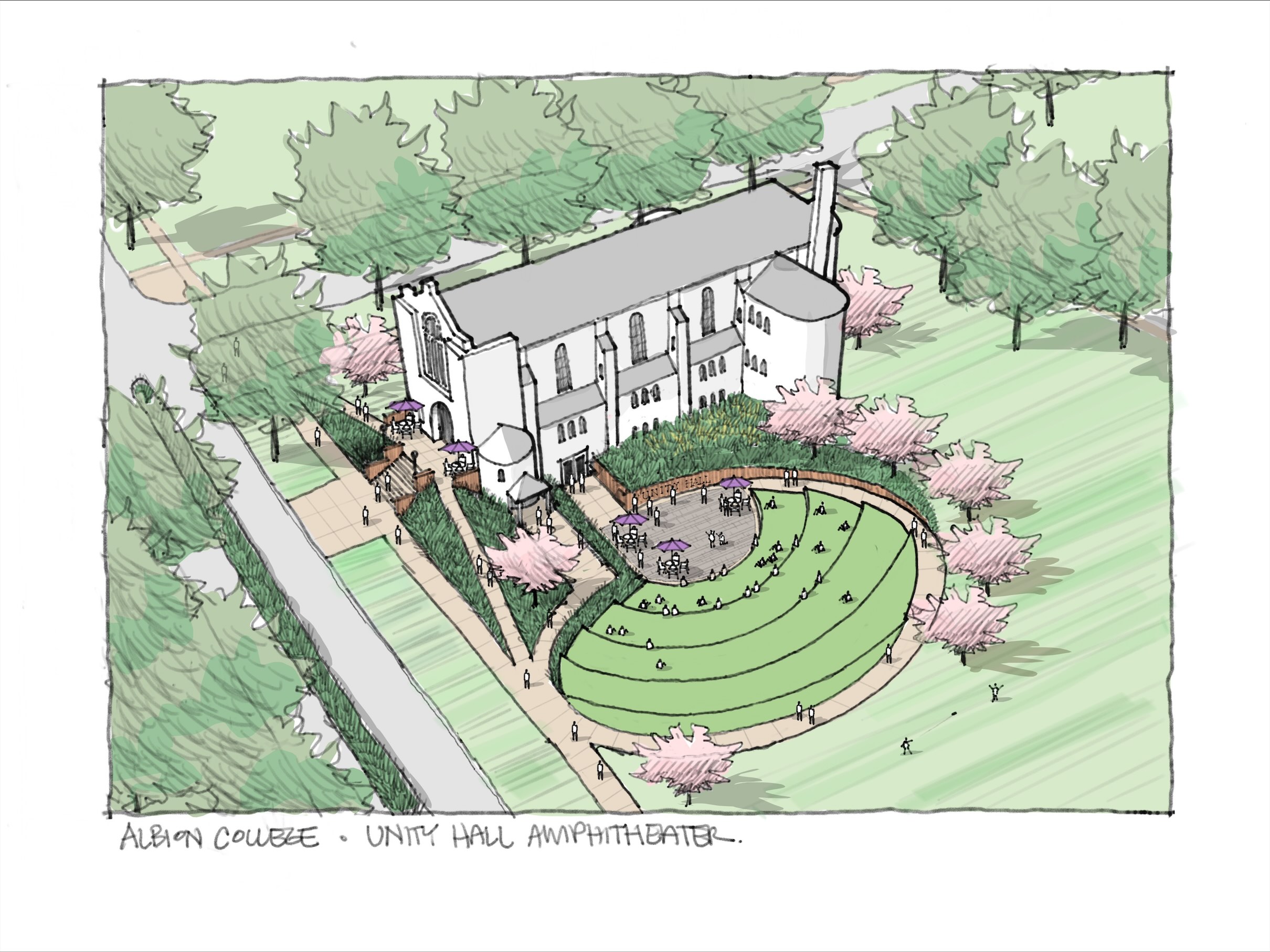 A concept sketch of Alumni Unity Hall showing the outdoor amphitheater space.