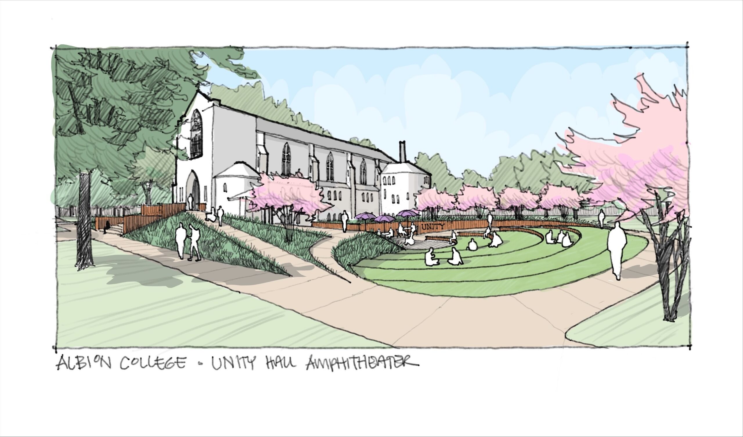 A concept sketch of Alumni Unity Hall showing the outdoor amphitheater space.