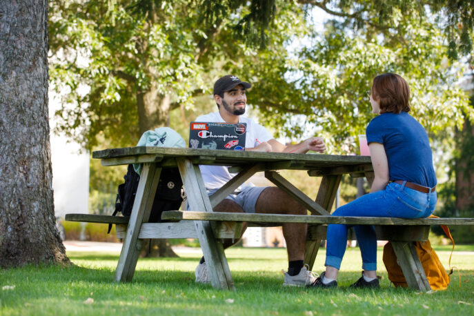 Two students sitting at a picnic table with a laptop.