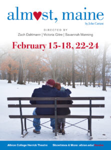 Almost Maine poster featuring two people snuggled up on a park bench wearing warm clothing as it is snowing.
