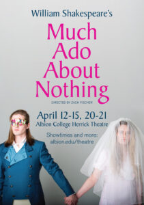 Much Ado About Nothing poster featuring two people holding hands. One is wearing white and a veil while the other is wearing a teal blue suit.