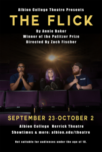 The Flick poster featuring three cast members sitting in theater chairs