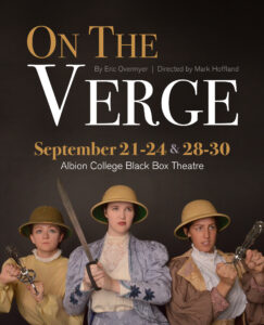 On The Verge poster featuring three cast members wearing bucket hats and holding prop swords