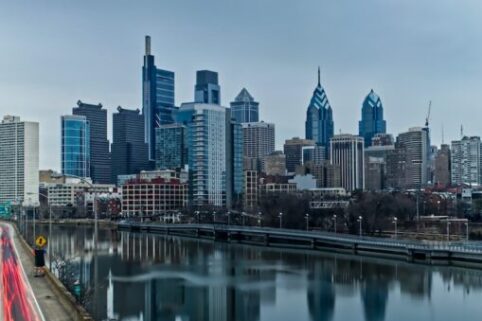 City skyline view of Philadelphia from across the water.