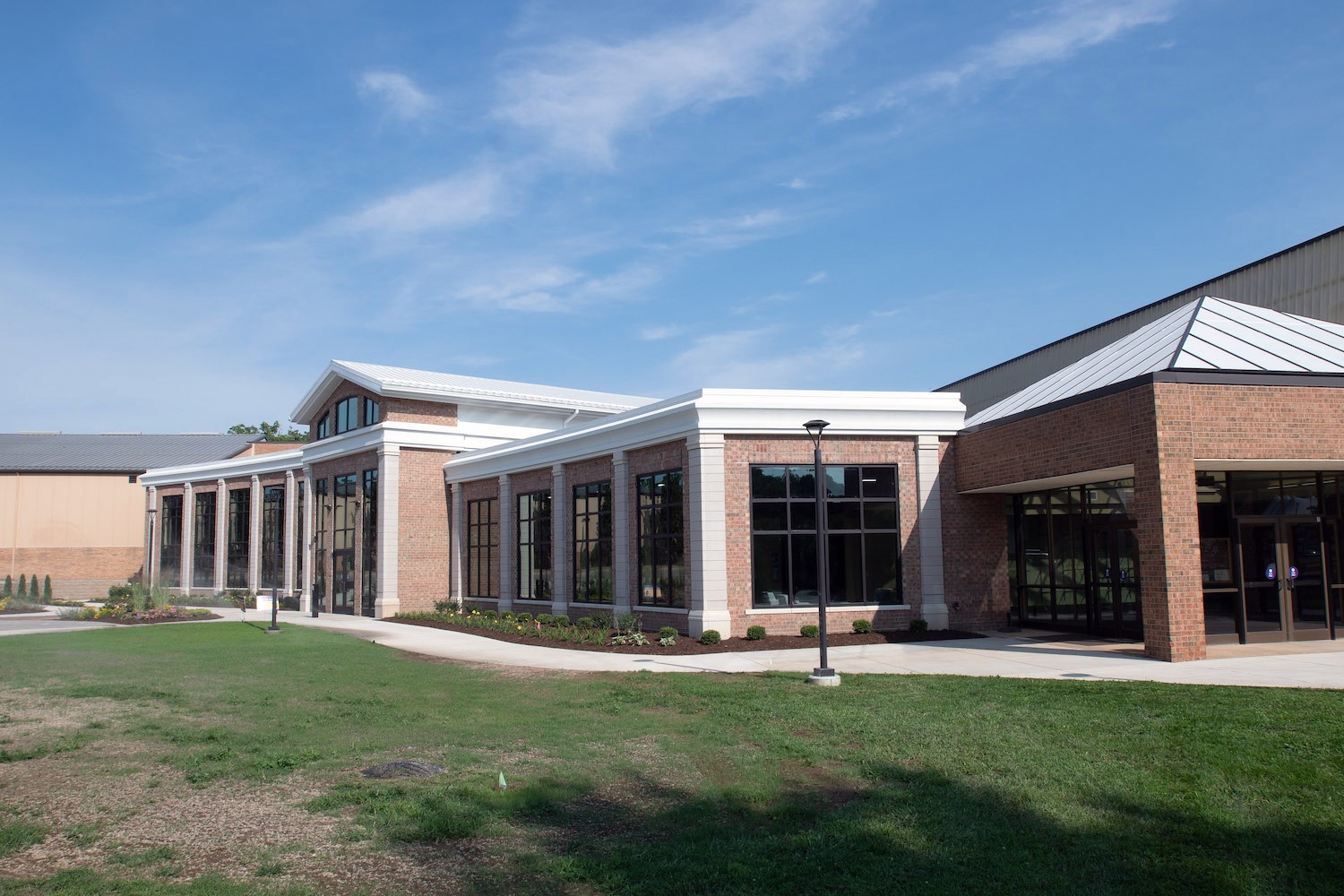The outside of the completed Dow Recreation and Wellness Center.