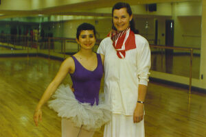 Missy Wyss (right) and an Albion College dance student, 1989.