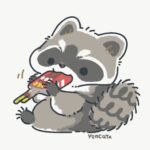 a cartoon racoon joyfully sucking on a frozen lollipop