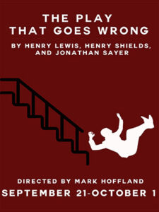 A silhouette of a man falling down some stairs.
