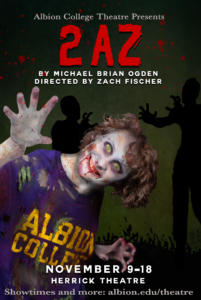 A zombie wearing an Albion College shirt that has been ripped smiles with green eyes and a bloody mouth reaches towards the viewer. 